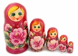 5 Nesting Matreshka Linden Wood Dolls, "Floral" Design, Burgundy