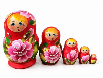 5 Nesting Matreshka Wooden Dolls, "Floral" Design, Red