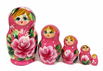 5 Nesting Wooden Matreshka Dolls,  "Floral" Design, Pink
