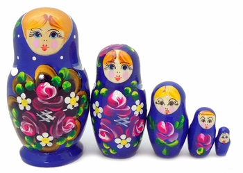 5 Nesting Wooden Matreshka Dolls, "Floral" Design, Hand Painted, Blue