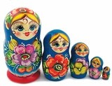 5 Nesting Matreshka Wooden Dolls, "Floral" Design, Blue