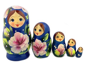 5 Nesting Matreshka Wooden Dolls, "Floral" Design, Blue