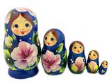 5 Nesting Matreshka Wooden Dolls, "Floral" Design, Blue