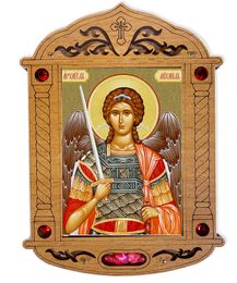 Archangel Michael Icon in Wooden Shrine with Glass and Incense