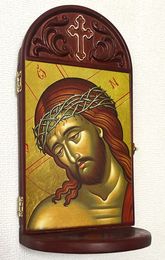 Christ the Bridegroom Gold Foil Icon in Wooden Shrine With Shelf