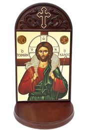 Christ the Good Shepherd, Byzantine Greek Icon in Shrine With Shelf 