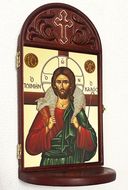 Christ the Good Shepherd, Byzantine Greek Icon in Shrine With Shelf 