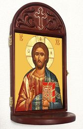 Christ The Teacher Icon in Wooden Shrine With Shelf 