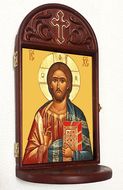 Christ The Teacher Icon in Wooden Shrine With Shelf 