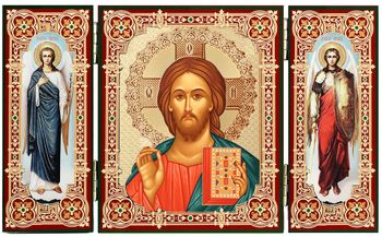 Christ The Teacher, Icon Triptych with Arch. Michael and Gabriel