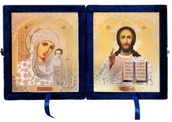Christ the Teacher / Virgin of Kazan,  Icon Diptych in Blue Velvet Case 