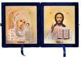 Christ the Teacher / Virgin of Kazan,  Icon Diptych in Blue Velvet Case 