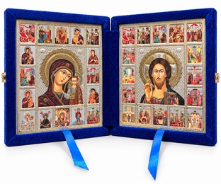 Christ the Teacher / Virgin of Kazan,  Feast Day Diptych in Blue Velvet Case