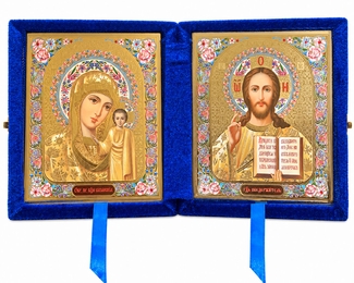 Christ the Teacher / Virgin of Kazan,  Floral Diptych in Blue Velvet Case 