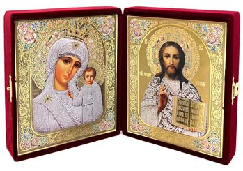 Christ the Teacher / Virgin of Kazan, Diptych in Red Velvet Case