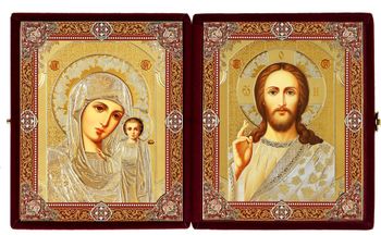 Christ the Teacher / Virgin of Kazan, Diptych in Red Velvet Case