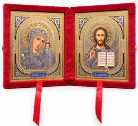 Christ the Teacher / Virgin of Kazan,  Icon Diptych in Red Velvet Case 