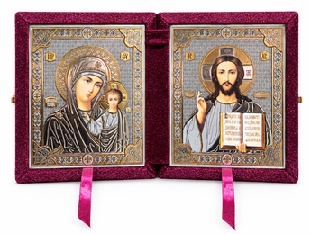 Christ the Teacher / Virgin of Kazan,  Icon Diptych in Red Velvet Case 