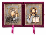 Christ the Teacher / Virgin of Kazan,  Icon Diptych in Red Velvet Case 