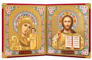 Christ Pantocrator / Virgin of Kazan, Floral Icon Diptych in Velvet Case 