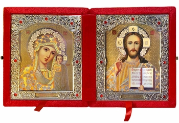 Christ the Teacher / Virgin of Kazan,  Icon Diptych in Red Velvet Case 