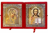 Christ the Teacher / Virgin of Kazan,  Icon Diptych in Red Velvet Case 