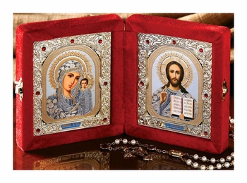 Christ the Teacher / Virgin of Kazan,  Icon Diptych in Velvet Case 