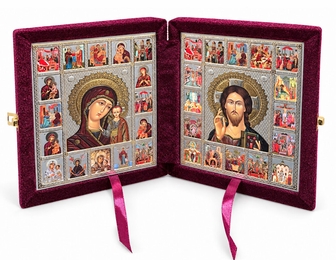 Christ the Teacher / Virgin of Kazan,  Feast Day Diptych in Velvet Case 