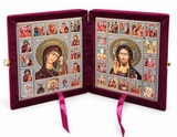 Christ the Teacher / Virgin of Kazan,  Feast Day Diptych in Red Velvet Case