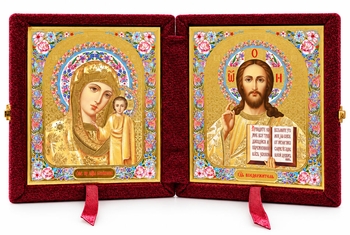 Christ the Teacher / Virgin of Kazan,  Floral Diptych in Red Velvet Case 