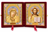 Christ the Teacher / Virgin of Kazan,  Floral Diptych in Red Velvet Case 