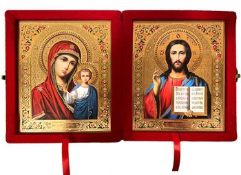 Christ the Teacher / Virgin of Kazan,  Icon Diptych in Red Velvet Case 