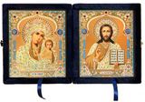 Christ the Teacher / Virgin of Kazan,  Icon Diptych in Blue Velvet Case 