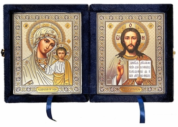 Christ the Teacher / Virgin of Kazan,  Icon Diptych in Blue Velvet Case 