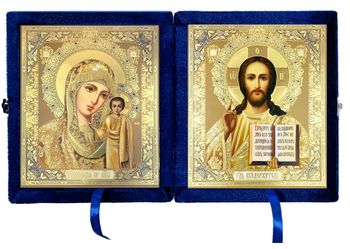 Christ the Teacher / Virgin of Kazan,  Icon Diptych in Blue Velvet Case 