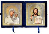 Christ the Teacher / Virgin of Kazan,  Icon Diptych in Blue Velvet Case 