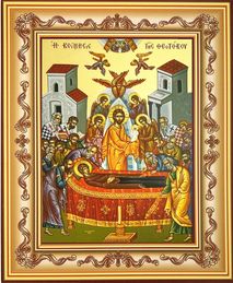 Dormition of Virgin Mary, Byzantine Icon in Frame with Stand
