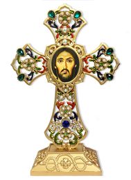 Christ of Sinai Icon in Filigree Standing Jeweled Cross 