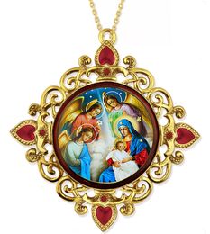 Nativity of Christ, Jeweled Round Framed Icon with Chain