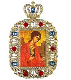 Archangel Michael Supplicating, Jeweled Framed Greek Byzantine Icon 