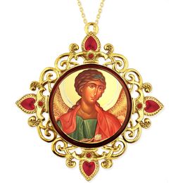 Archangel Raphael, Jeweled Round Framed Icon with Chain