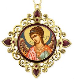 Guardian Angel, Jeweled Round Framed Icon with Chain