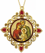 The Holy Family, Jeweled Round Framed Byzantine Icon with Chain