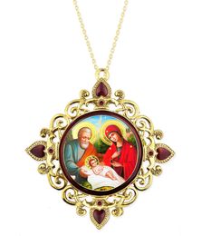 The Holy Family, Jeweled Round Framed Icon with Chain