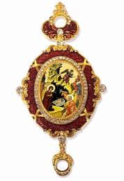 The Nativity, Enameled Jeweled Gold Foil Icon Ornament, Red