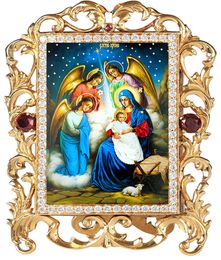 The Nativity, Jeweled Framed Icon With Stand and Chain