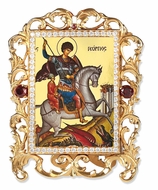 Saint George, Jeweled Framed Icon With Stand and Chain