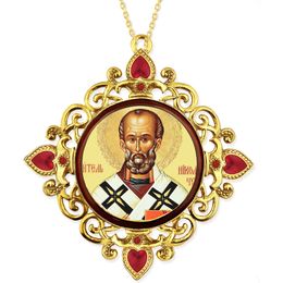Saint Nicholas, Jeweled Round Framed Icon with Chain