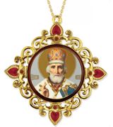 Saint Nicholas, Jeweled Round Framed Icon with Chain