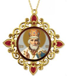 Saint Nicholas, Jeweled Round Framed Icon with Chain